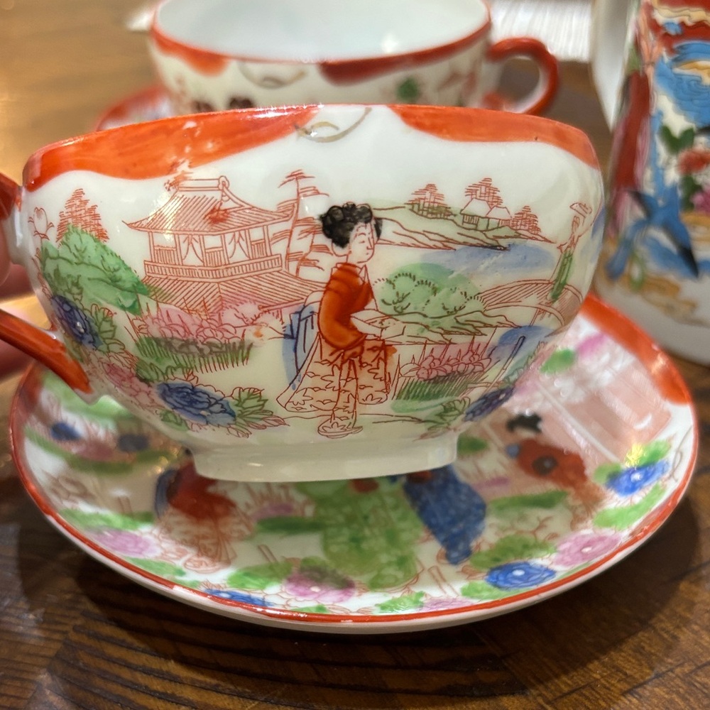 Japanese Kutani Eggshell porcelain set of 2 cups and plates